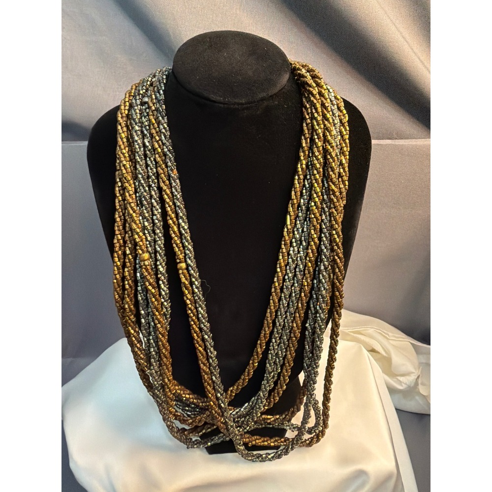 Vintage Multi Strand Metallic Seed Bead Necklace Gold Bronze Silver Long 50 inch